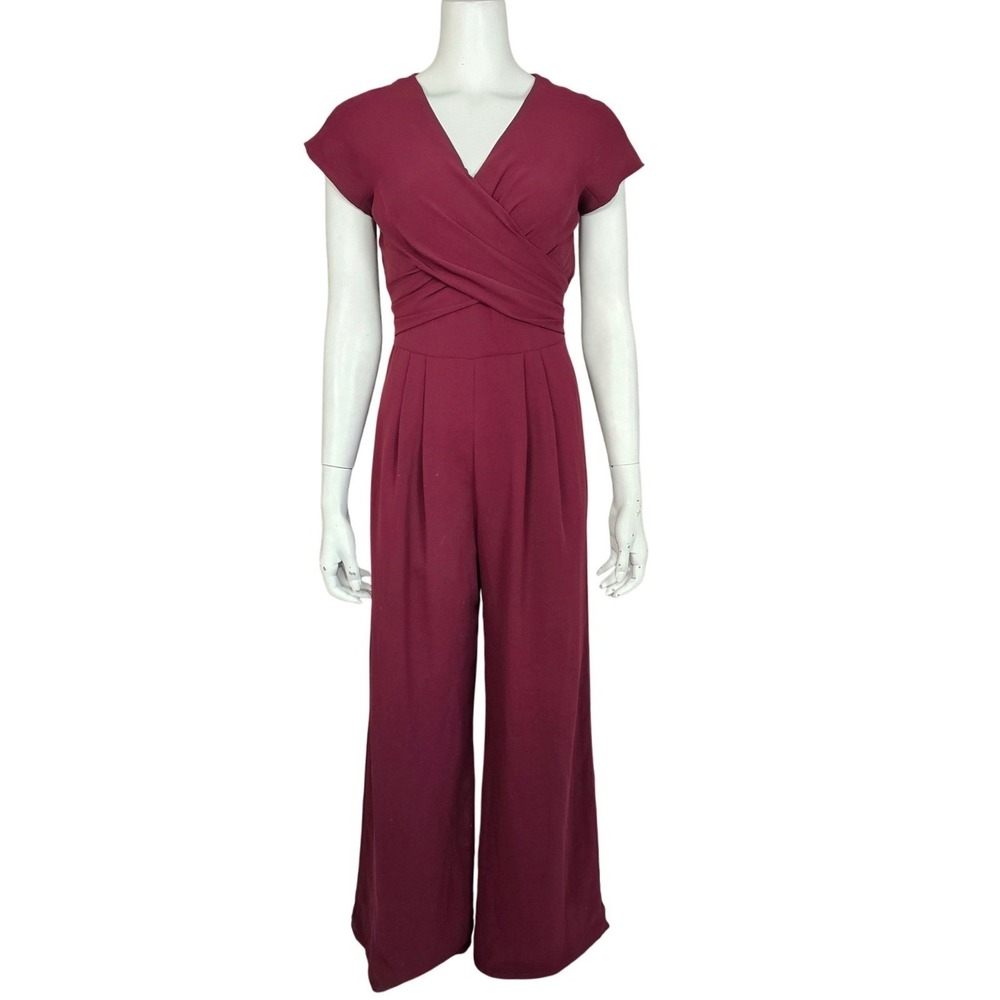 Gal Meets Glam Collection Burgundy Crop Wide Leg Surplice Tie Back Jumpsuit US2